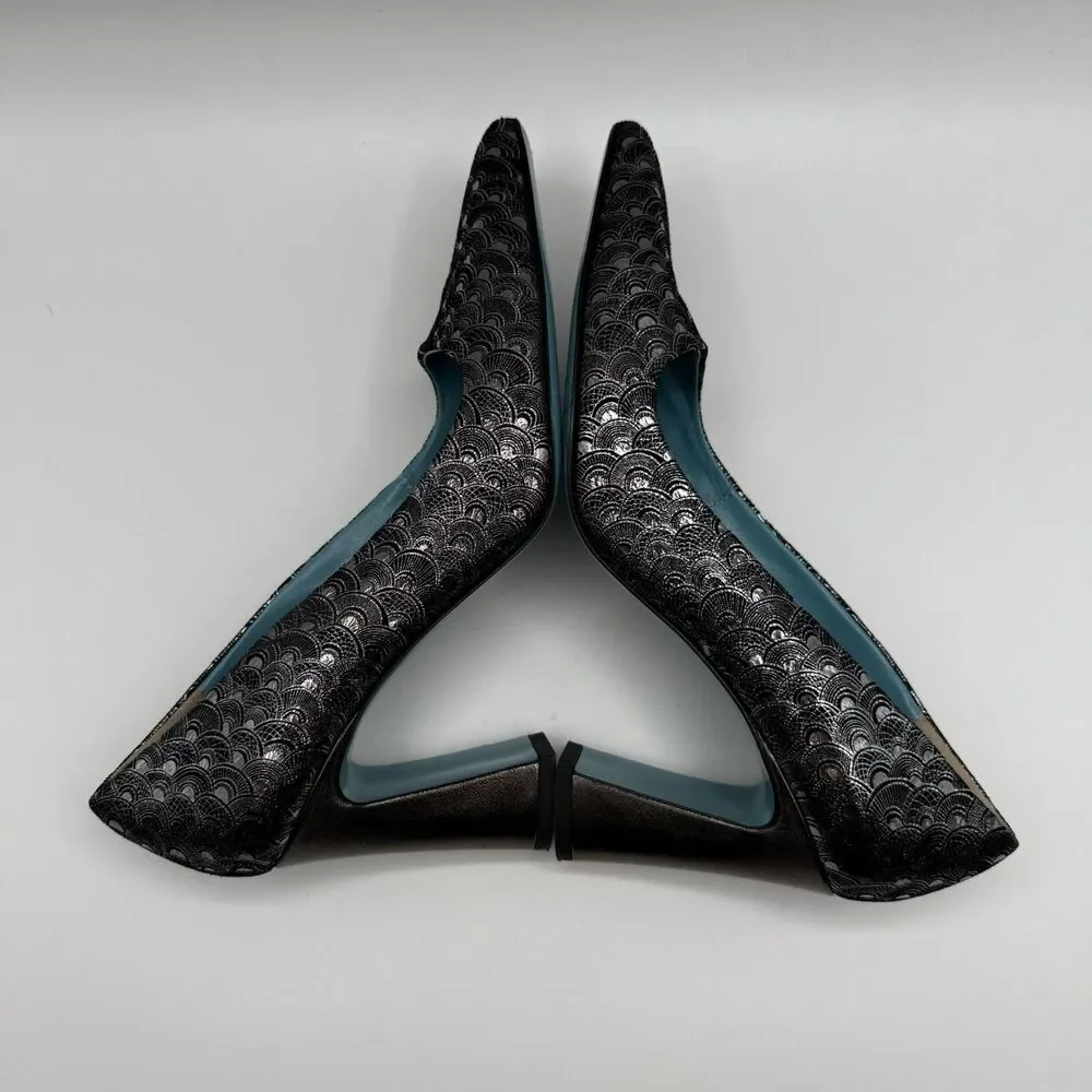 Valentina Rangoni Vintage Black Metallic Pumps 7.5M Pointed Toe Made Italy
